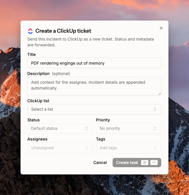 The Create a ClickUp ticket dialog in Spike with title, description, ClickUp list, status, priority, assignees and tags fields