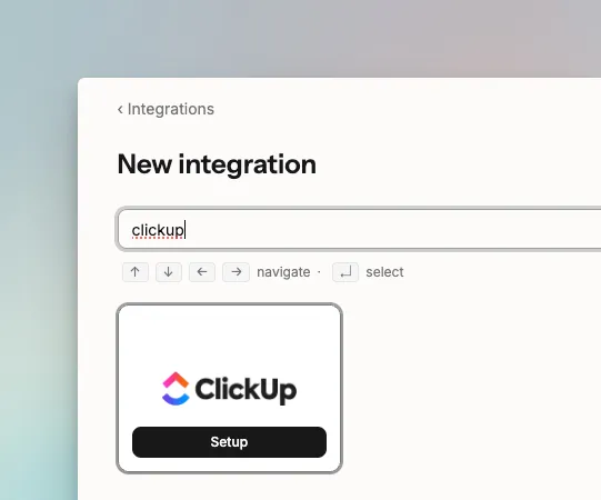 Connecting ClickUp on Spike’s New integration screen, with ClickUp found and a Setup button ready