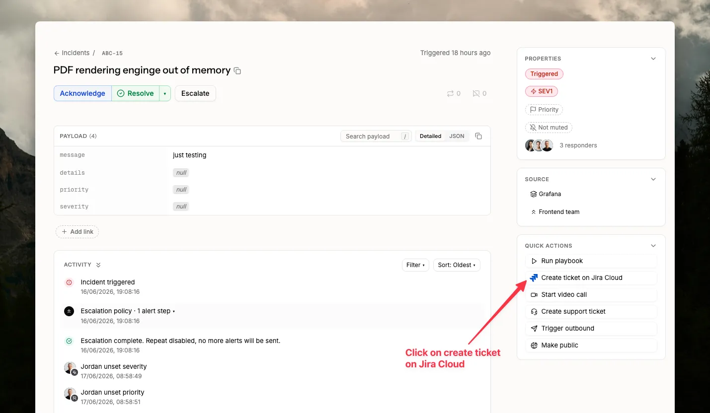 A Spike incident details page with a Quick actions panel highlighting the “Create ticket on Jira Cloud” action