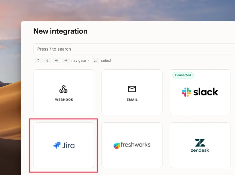 The Spike New integration picker with the Jira Cloud tile selected