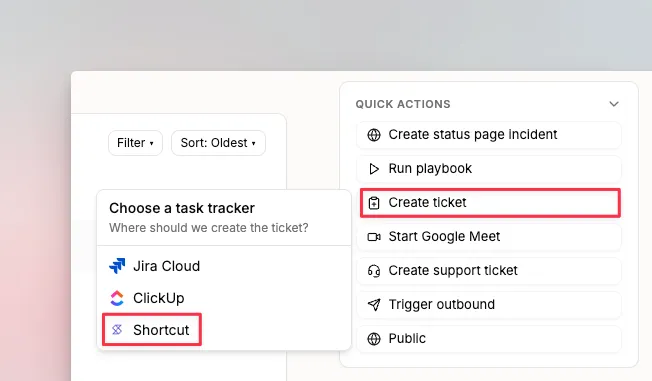 A Spike incident details page with the action to create a Shortcut story from the incident
