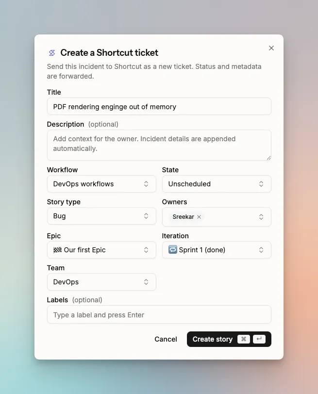 The Shortcut story form in Spike, showing the story details you can set before sending it to Shortcut