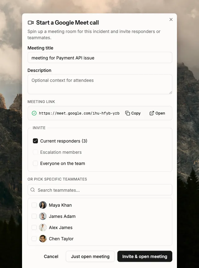 The war-room invite dialog for adding responders, the escalation or the whole team
