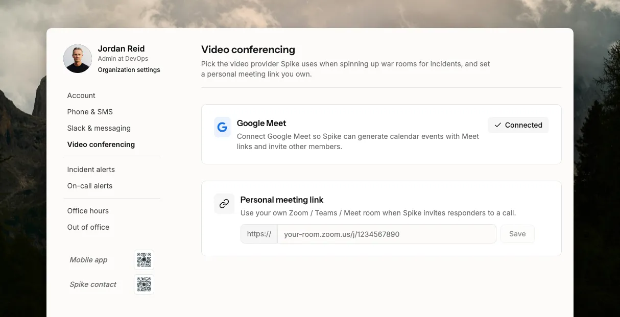 Spike's Video Conferencing settings with a Google account connected for war rooms
