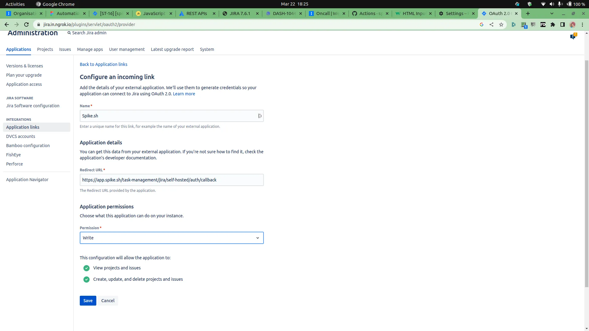 The Spike JIRA server connection form with fields for base URL, client ID and client secret