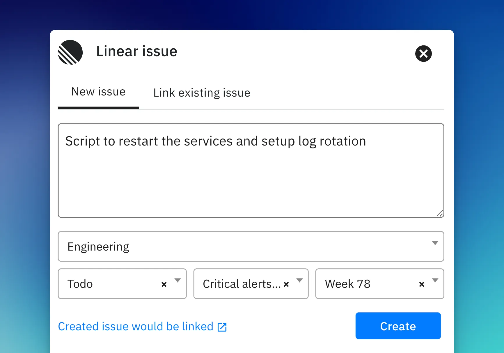 The Spike incident view with a Create issue dialog for Linear, showing title, team, priority and assignee fields