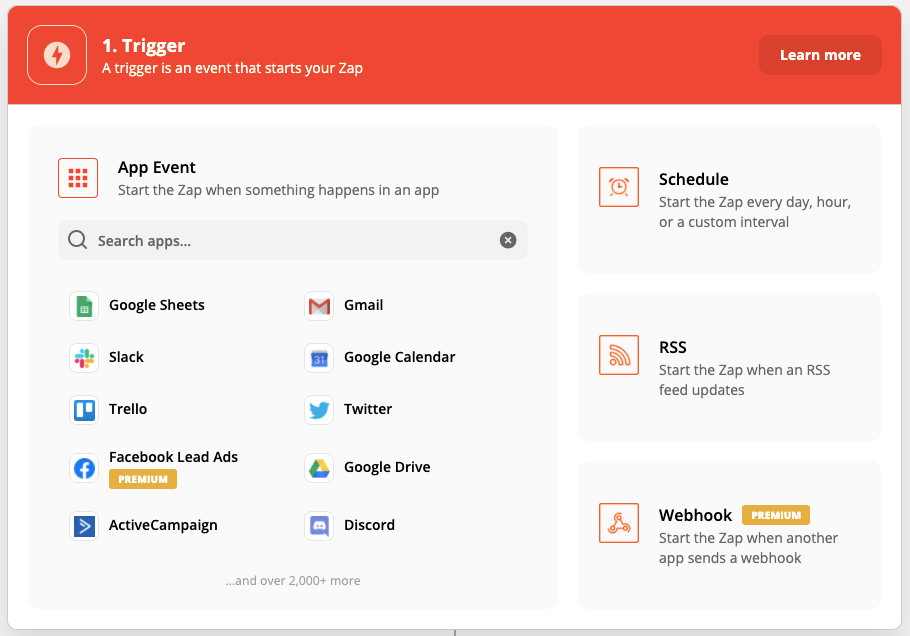 Select trigger for your zap in Zapier