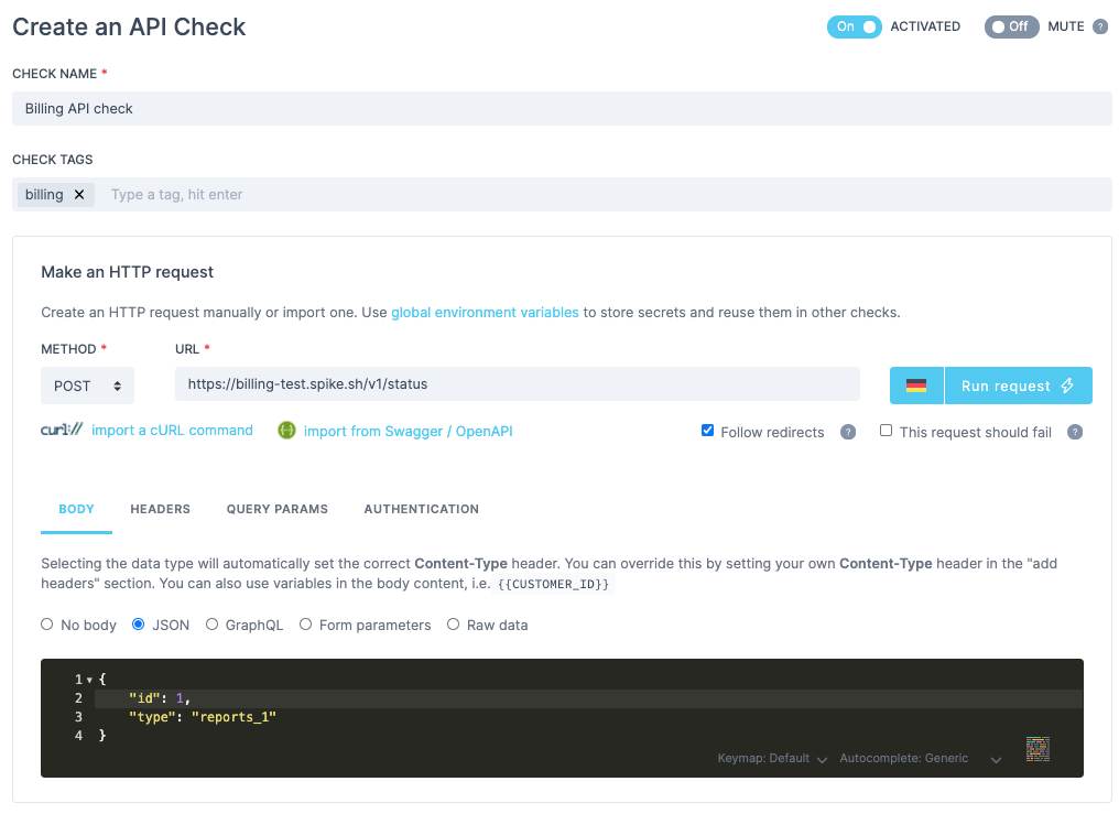 Create new check in Checkly