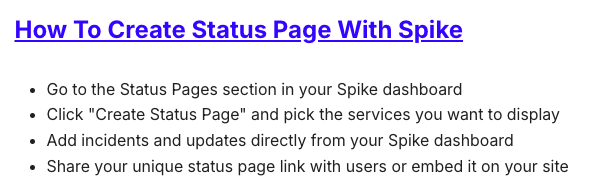 Spike-specific section for the term "Status Page"