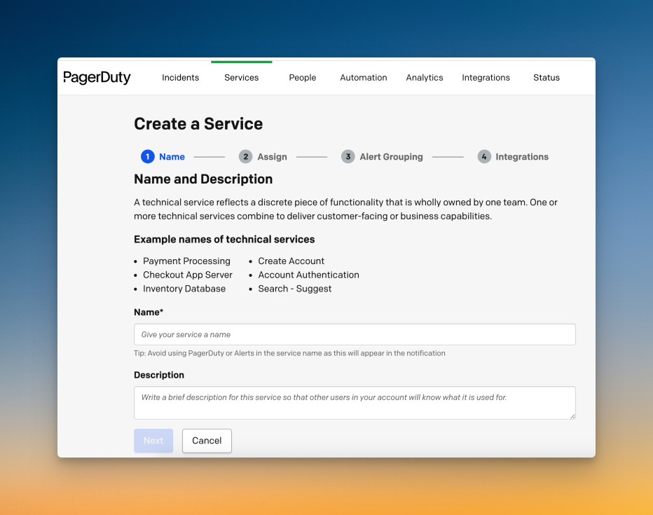 Creating a service in PagerDuty