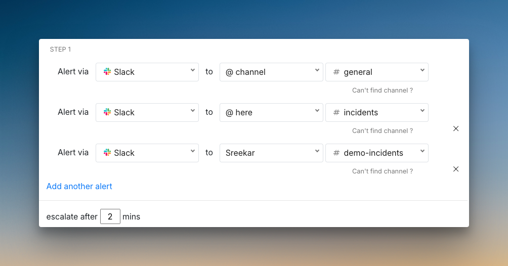 Option to choose specific Slack channels with @ mentions right in the escalation policy (Spike)