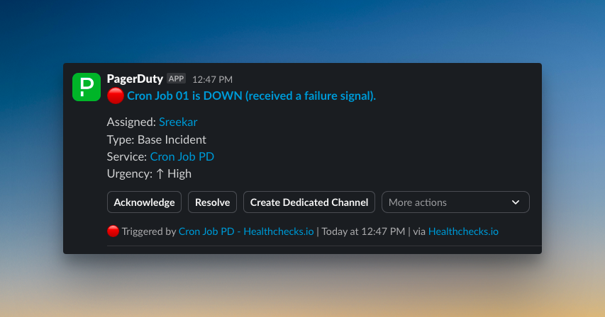 PagerDuty's Slack alert