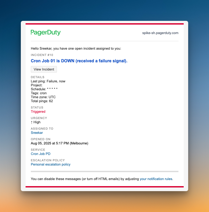 PagerDuty's email alert