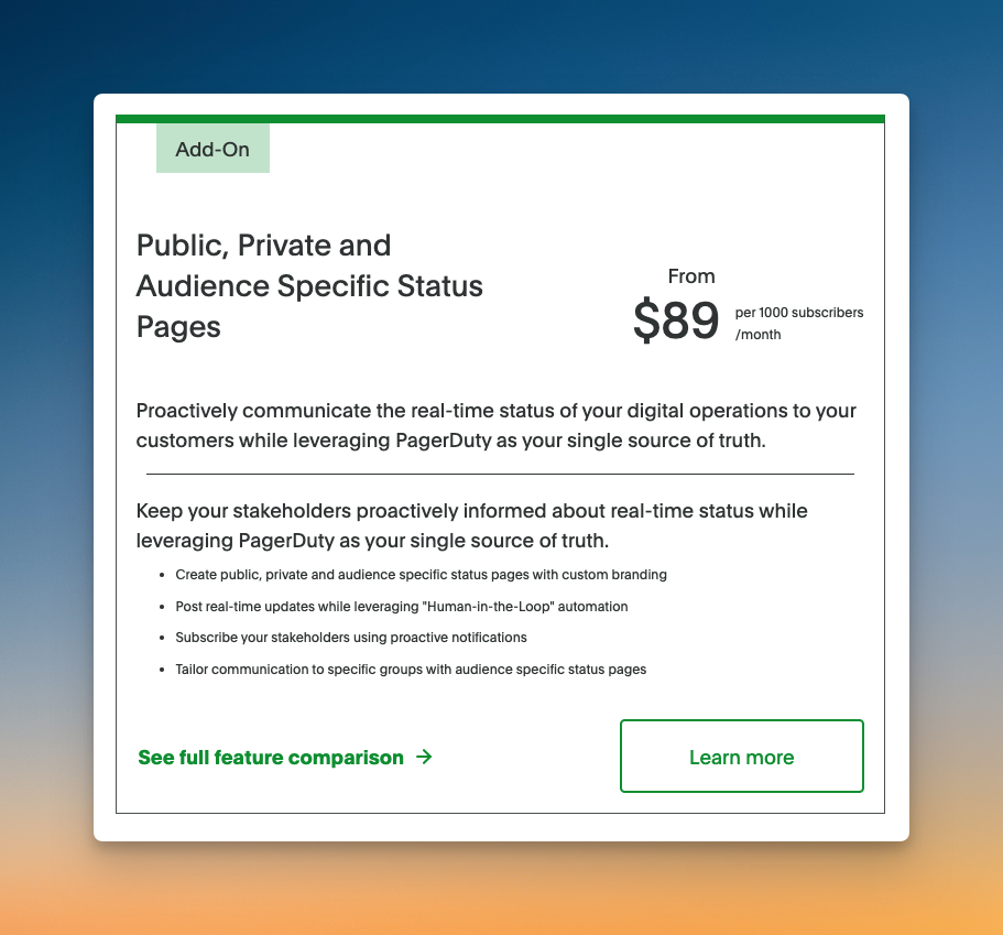 Status page as a paid add-on (PagerDuty)