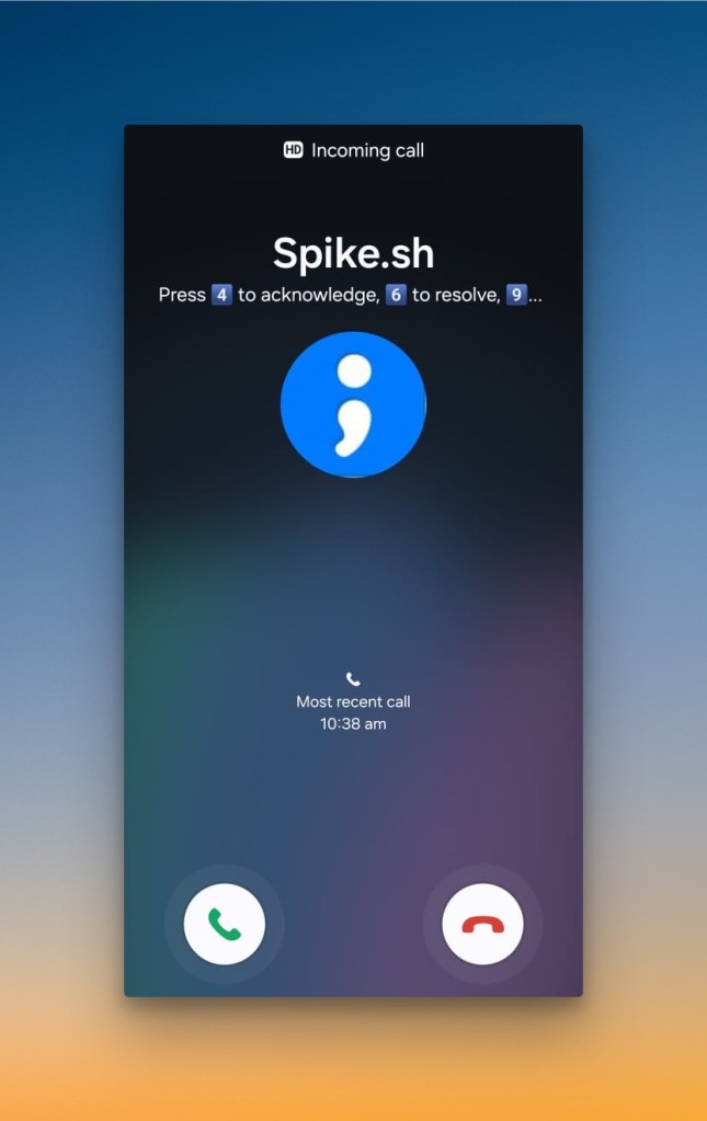 Spike's phone call alert with actions (ack/res) flashing on the screen