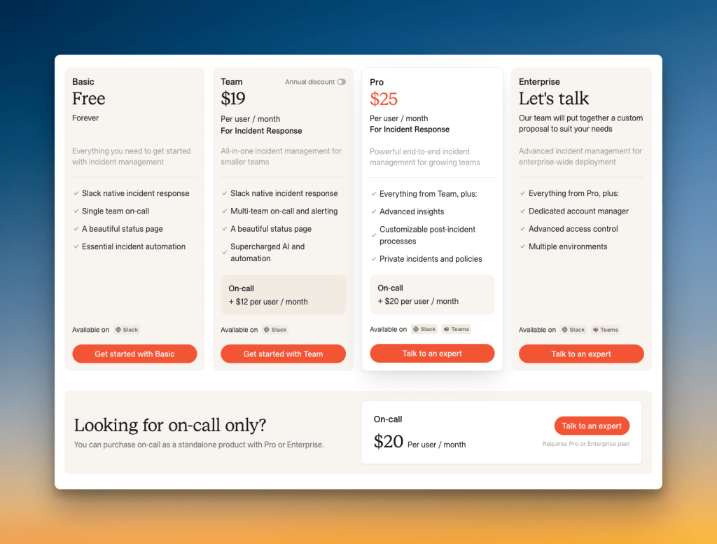Incident.io's pricing page