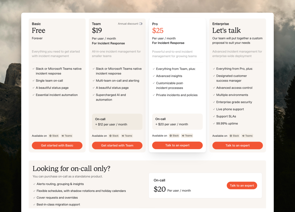 Incident.io's pricing page