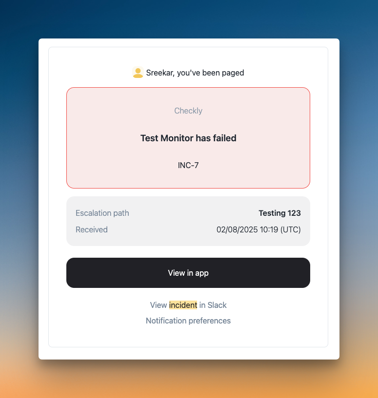 email alert with no option to ack/resolve (Incident.io)