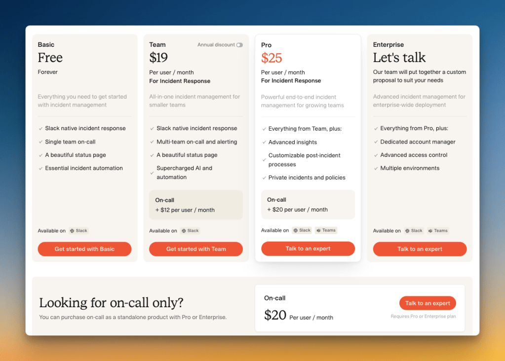 Incident.io's pricing page