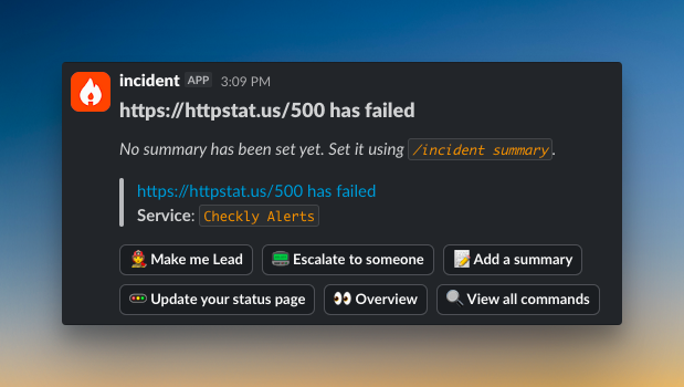 Incident response action on Slack (Incident.io)