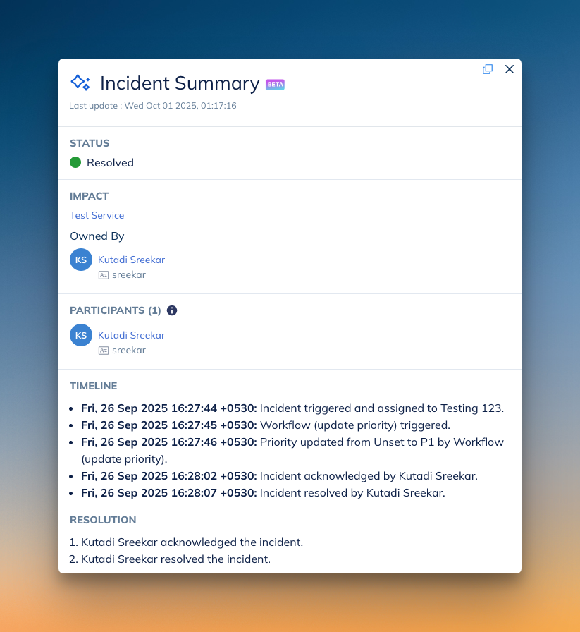 AI-generated incident summary (Squadcast)