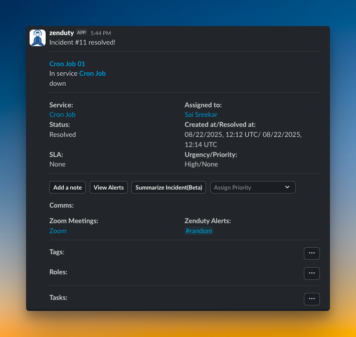 Slack actions for Zenduty