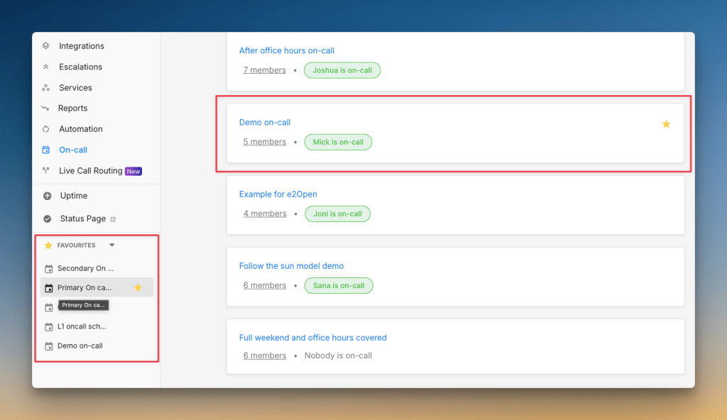 Adding a schedule to favorites for instant access (Spike)
