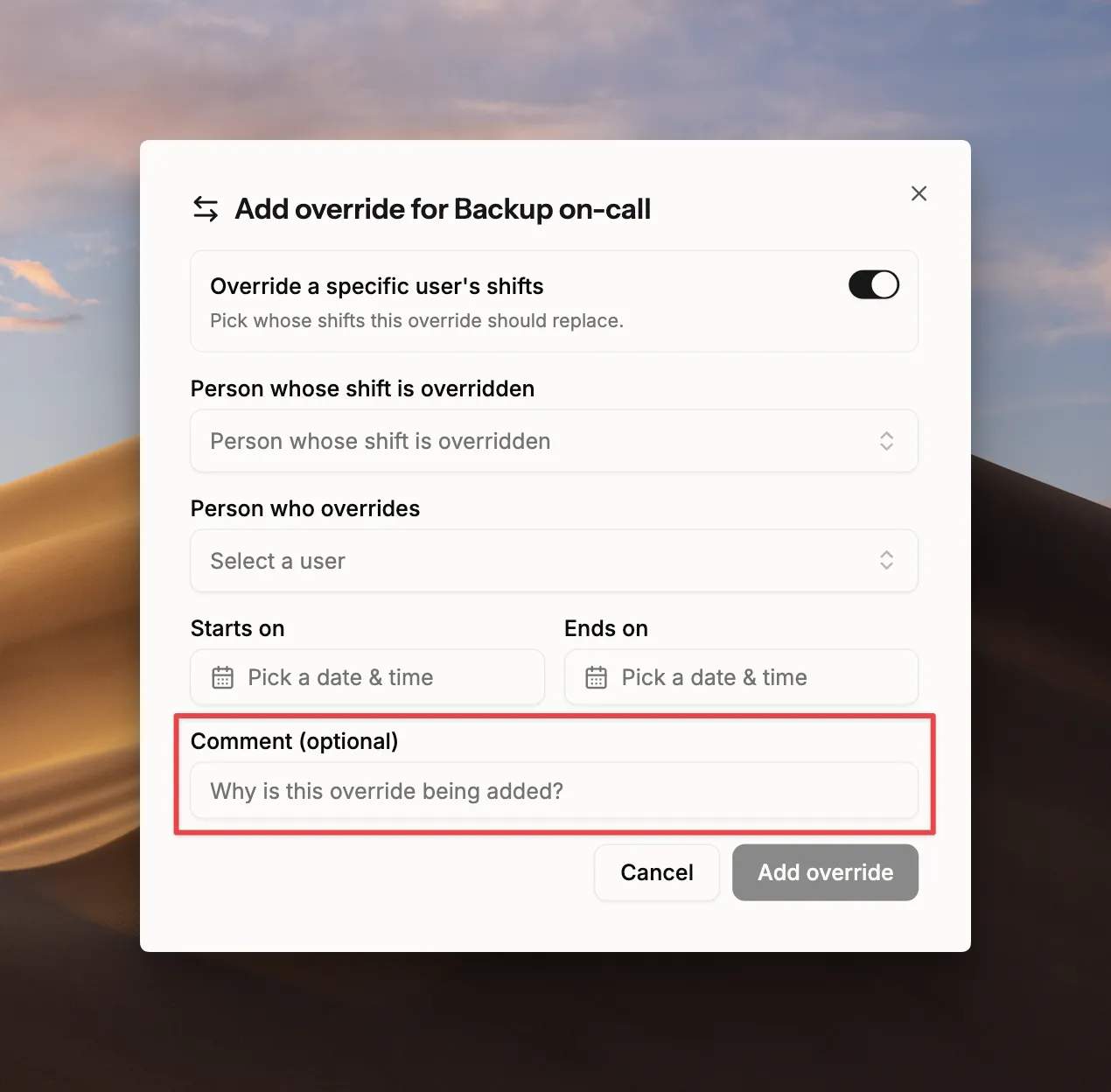 Spike's Add Override modal with an optional comment field for explaining why an on-call override was added